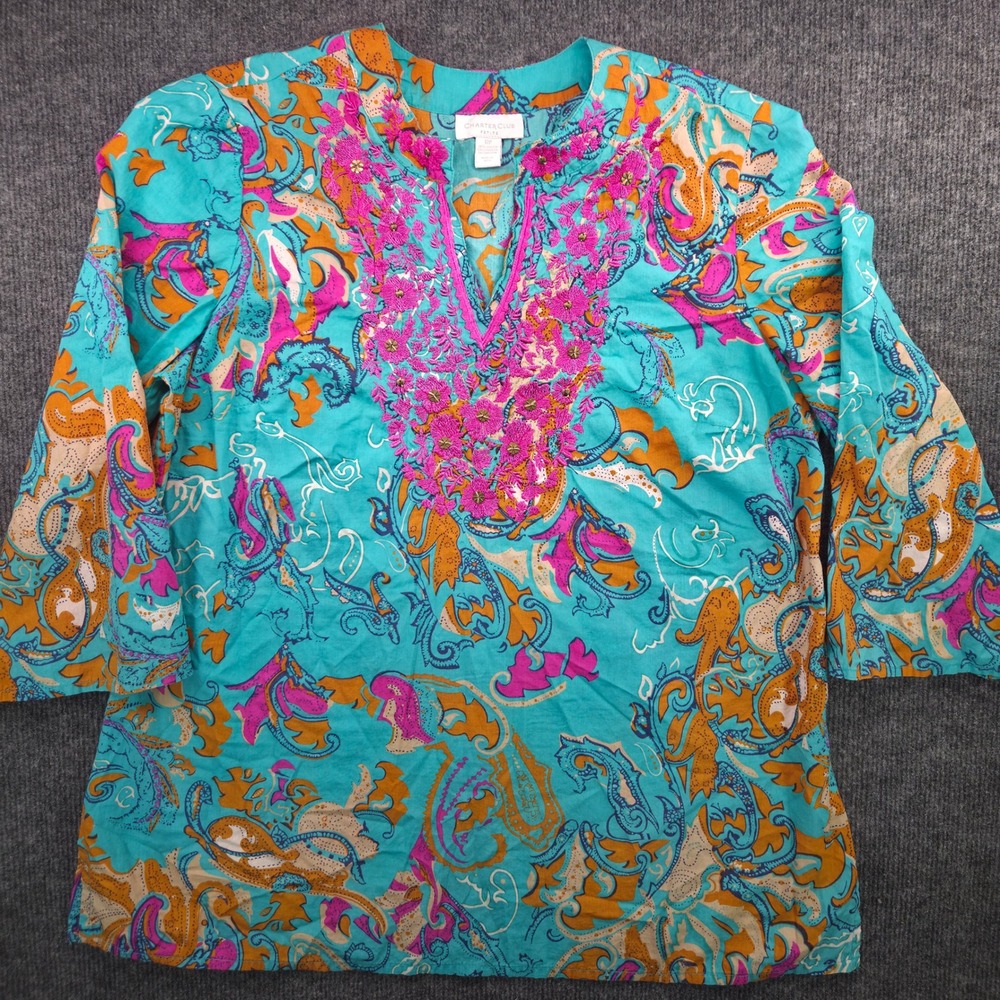 Charter Club Petite Top 12P Turquoise Cotton Paisley Floral Embroidered Tunic